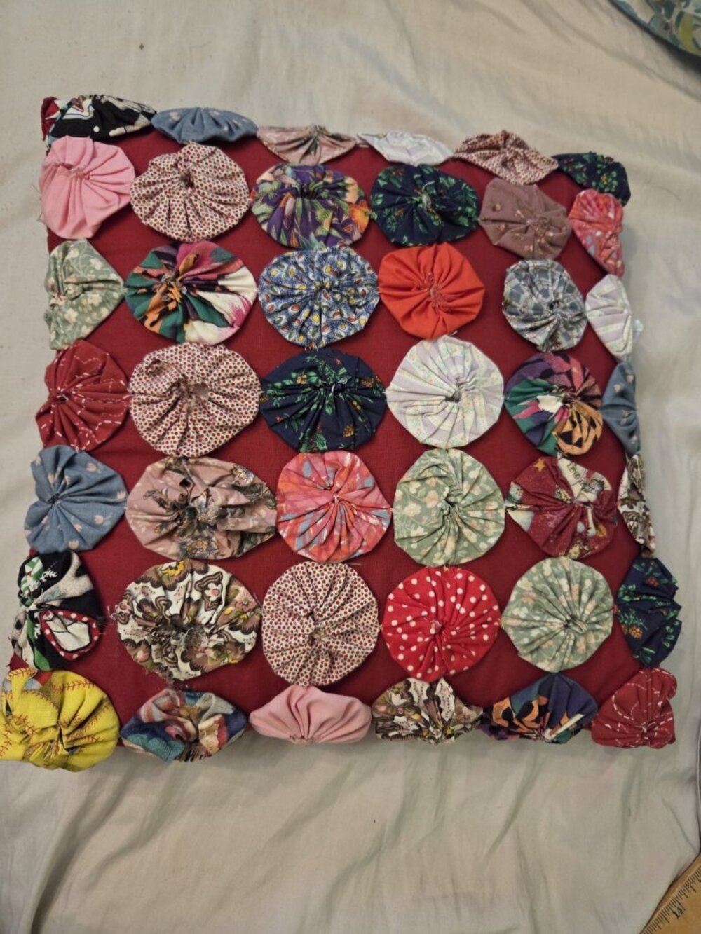Vintage Handmade Yoyo Quilt Throw Pillow 13 X 13"